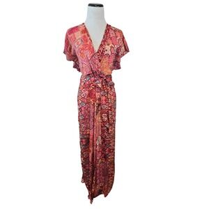 White Waves Boho Mixed Print Wide‎ Leg Jumpsuit Open Back Tassel Burgundy S/M